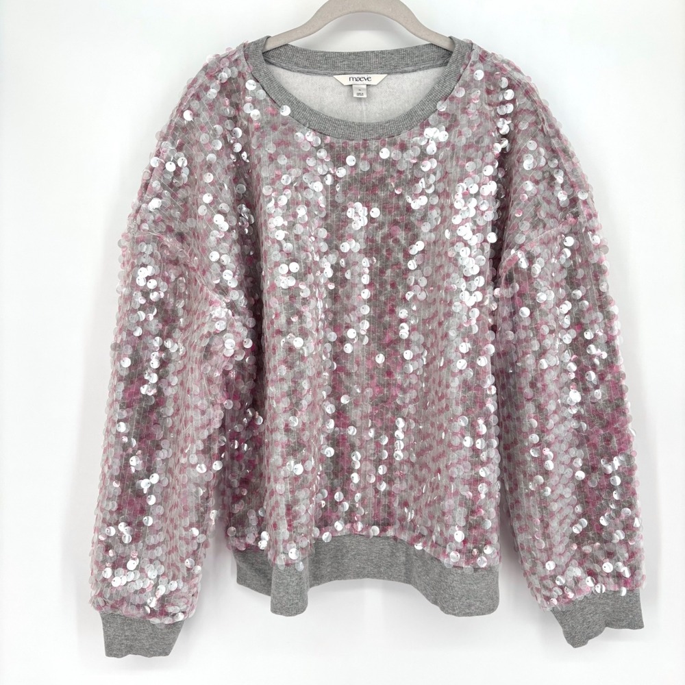 NWT‎ Maeve Sequin Sweatshirt Sz XL Gray Pink Crew Neck Fun Maximalist *Flaw - Picture 3 of 15